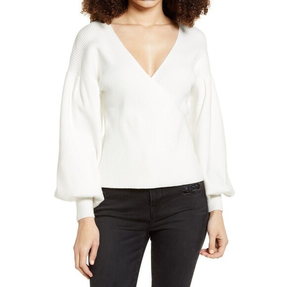 All in Favor Rib Bishop Sleeve Surplice Ribbed Sweater - Picture 1 of 4